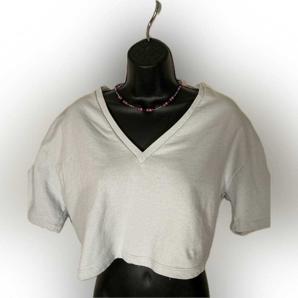 Zara Pale Blue Cropped V-Neck Tee